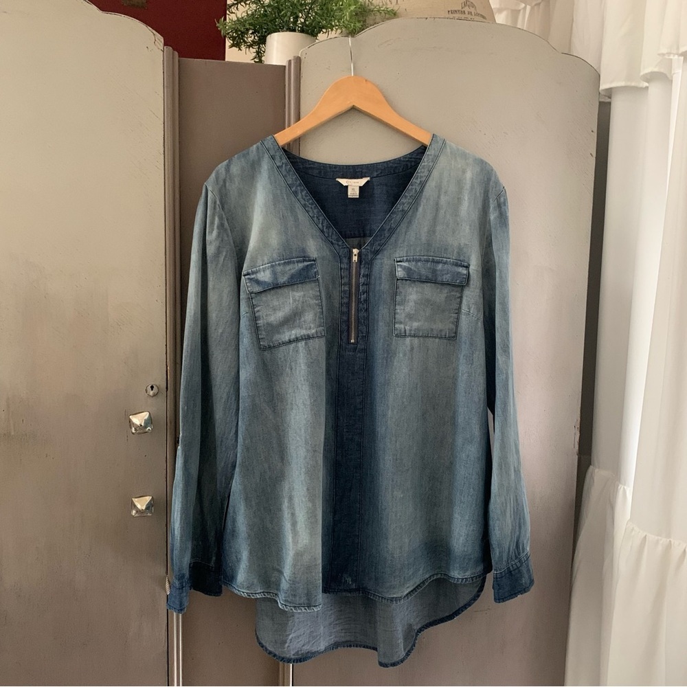 Denim V-Neck Blouse with Zipper